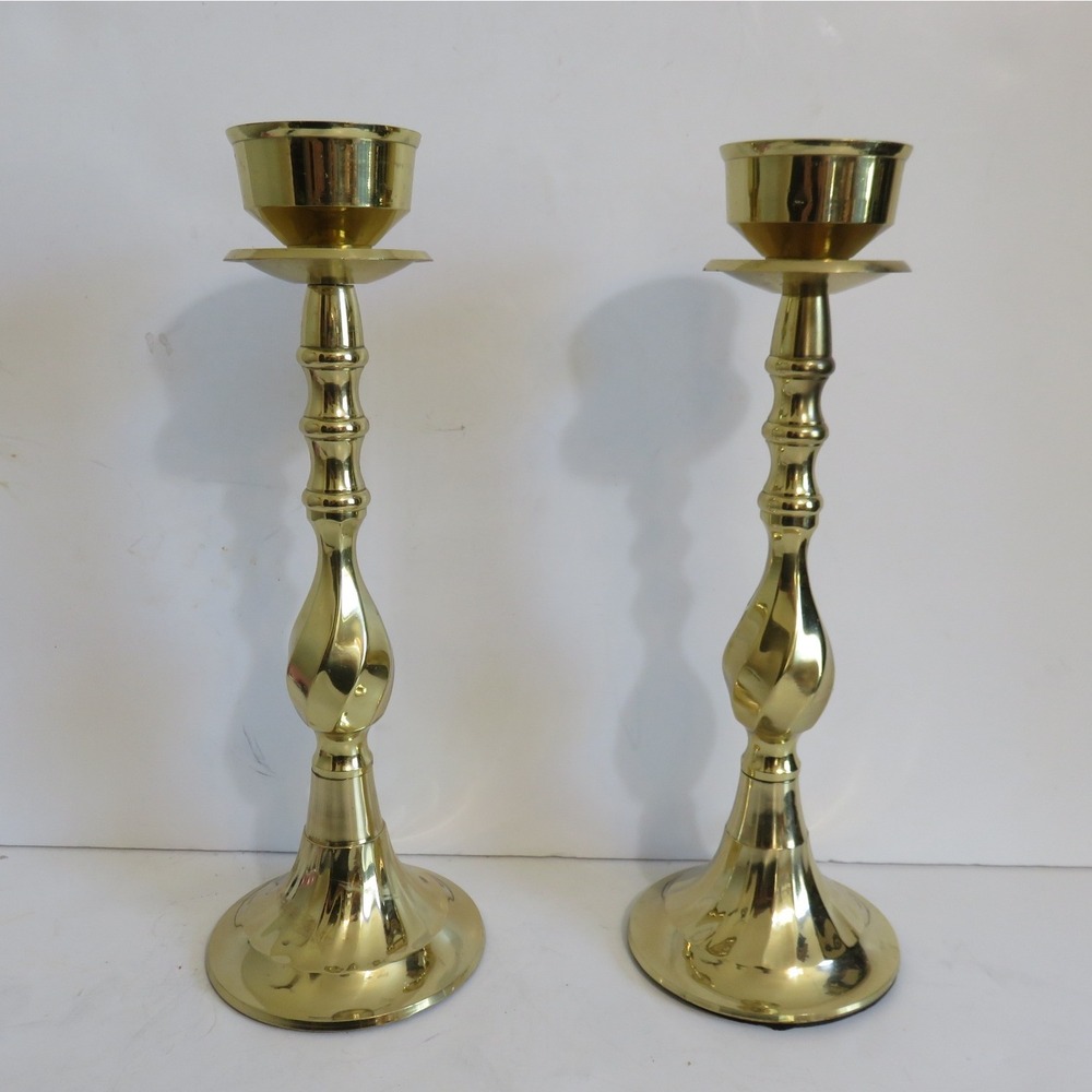 Pair Vintage Brass Candlesticks‎ Tall Ornate Twisted Stem Weighted Base India
